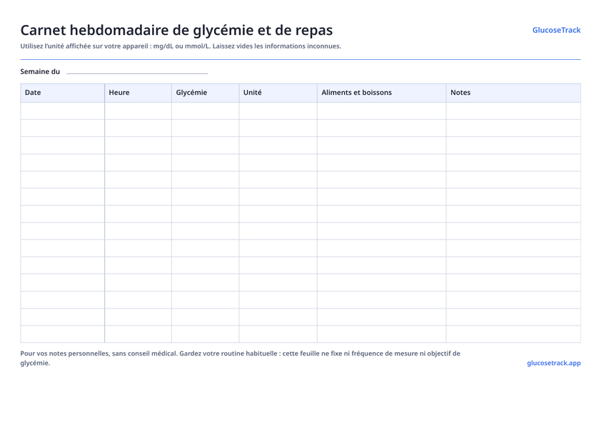 Aperçu du modèle: Carnet hebdomadaire de glycémie et de repas