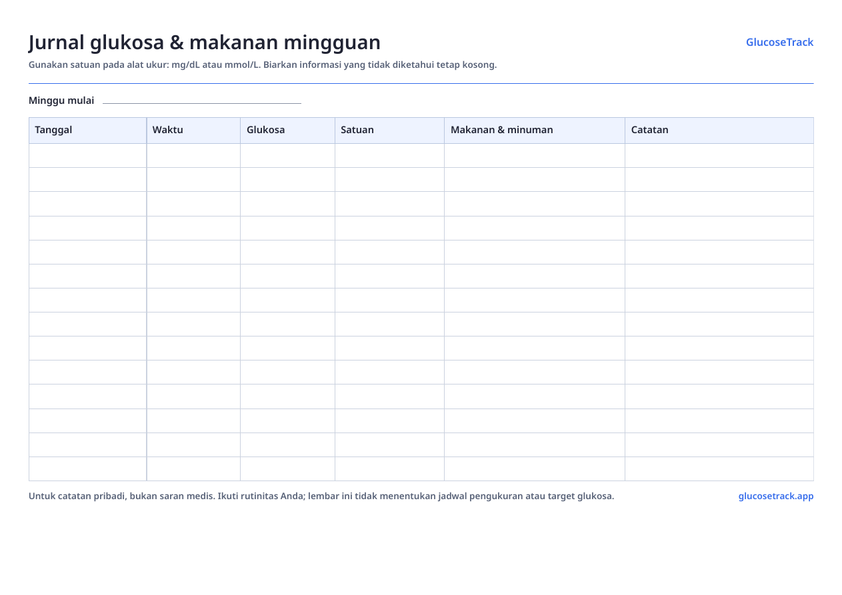 Lihat pratinjau templat: Jurnal glukosa & makanan mingguan