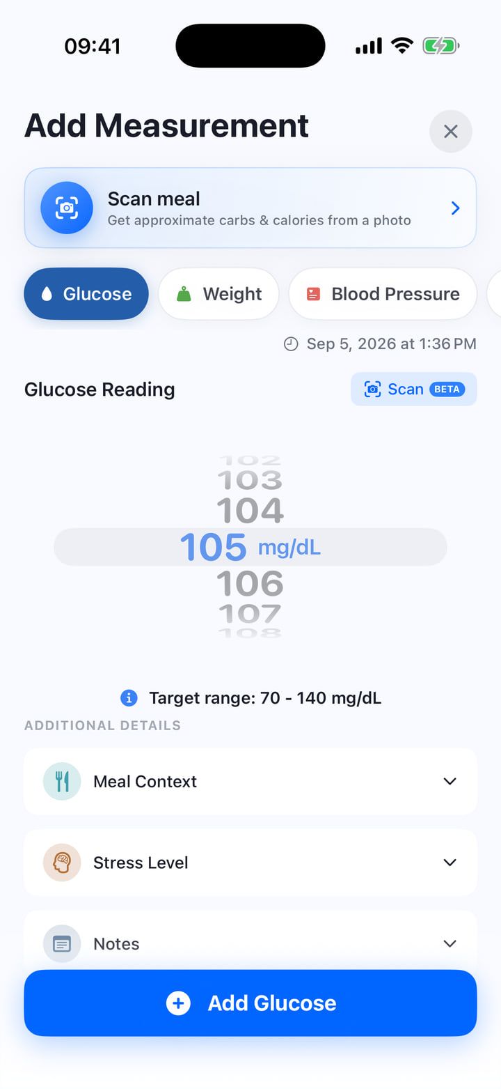 Add Measurement screen on iPhone. The glucose wheel is set to 105 mg/dL, the target range is 70 to 140 mg/dL, and the Add Glucose button is at the bottom.