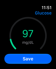 Glucose entry screen with a value, unit and Save button